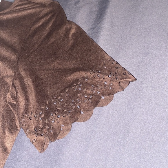 C brand Solid Brown Suede-Like Stretchy Short-Sleeved Dress with Flowery Trim - Picture 10 of 16